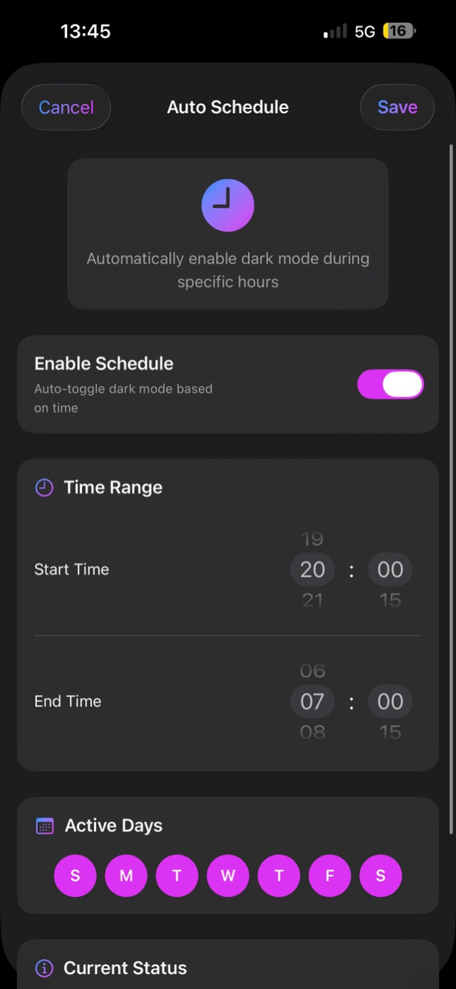 Aurora's Auto Schedule screen with time range and active days