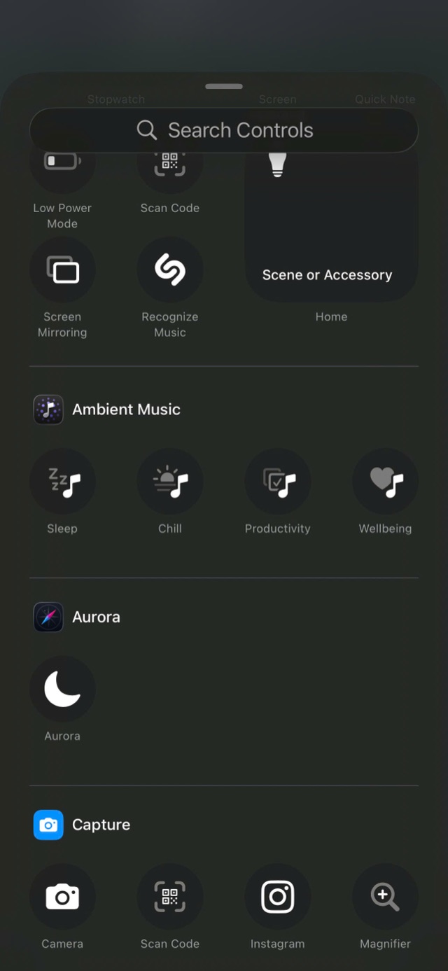 iOS Control Center gallery with the Aurora toggle ready to add