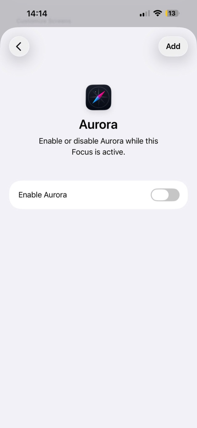 Focus Filter screen with the Enable Aurora switch
