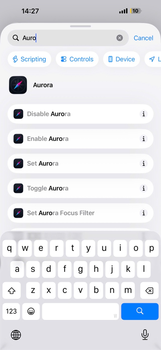 Shortcuts app search results listing Aurora's actions