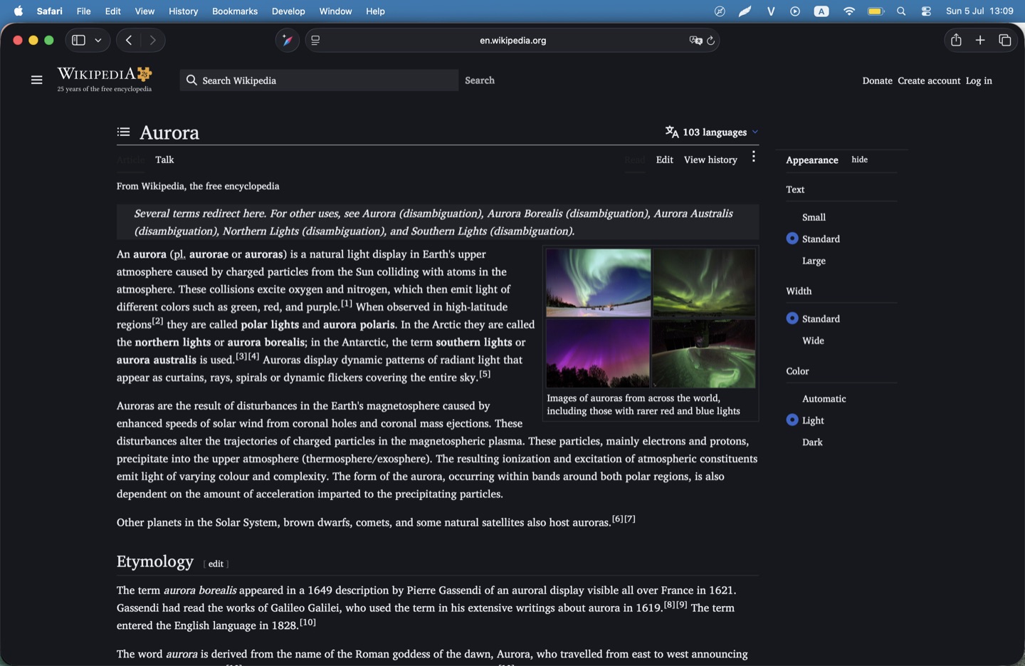 The same Wikipedia article on Mac with Aurora dark mode on
