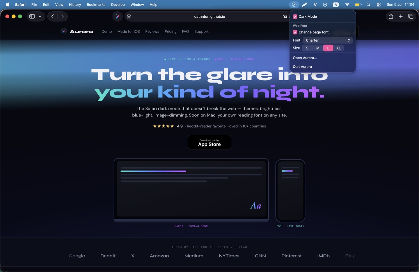 Aurora's menu bar dropdown on Mac with the Dark Mode checkbox and web font controls