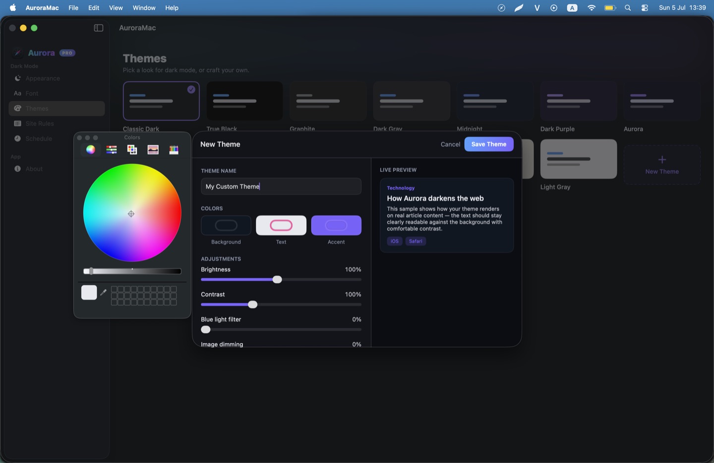 The Aurora Mac app's Themes screen with the custom theme editor open — colour wheel, brightness, contrast, blue light filter, and image dimming controls